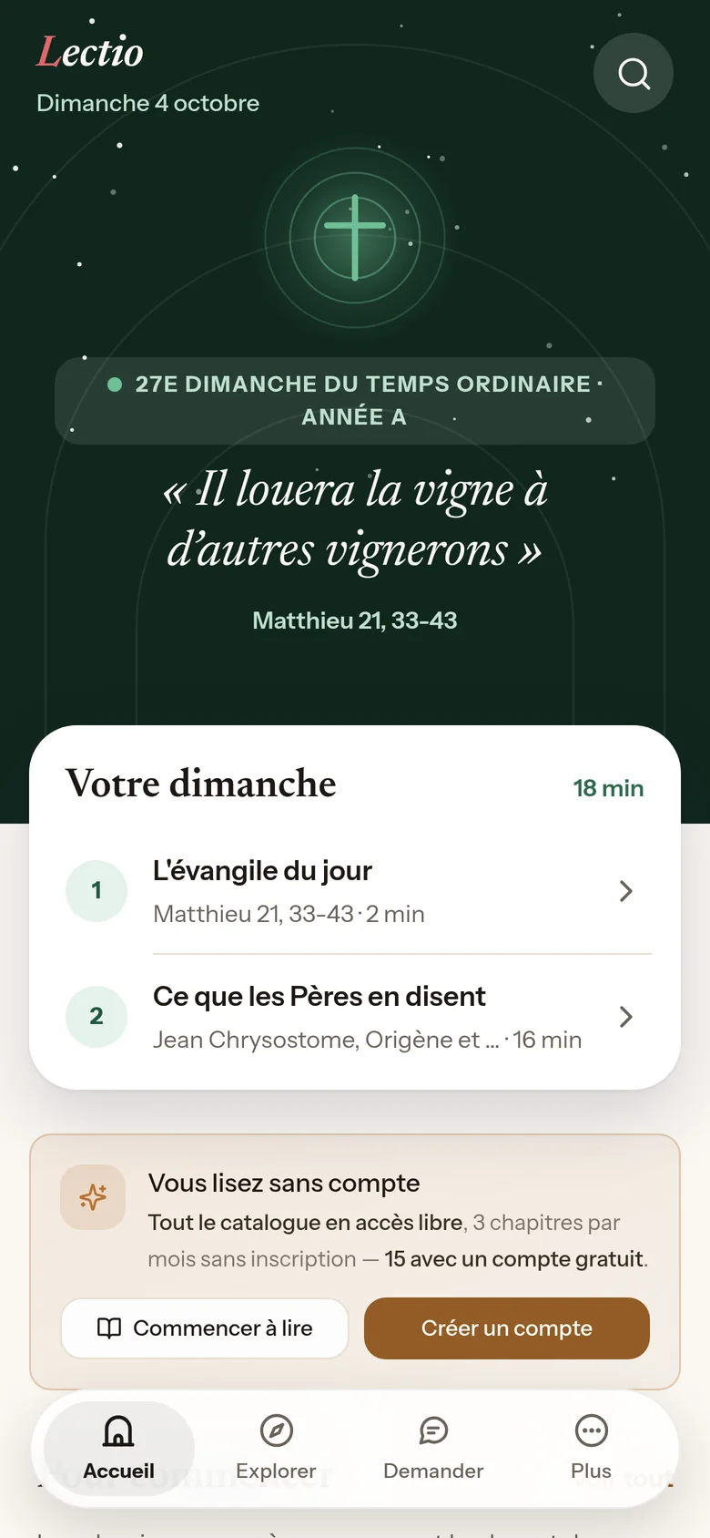L'accueil de l'app Lectio : l'évangile du dimanche, puis ce qu'en disent les Pères