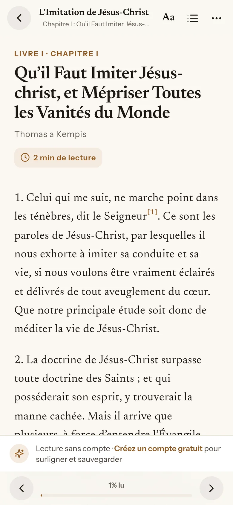La liseuse de Lectio : le premier chapitre de l'Imitation de Jésus-Christ