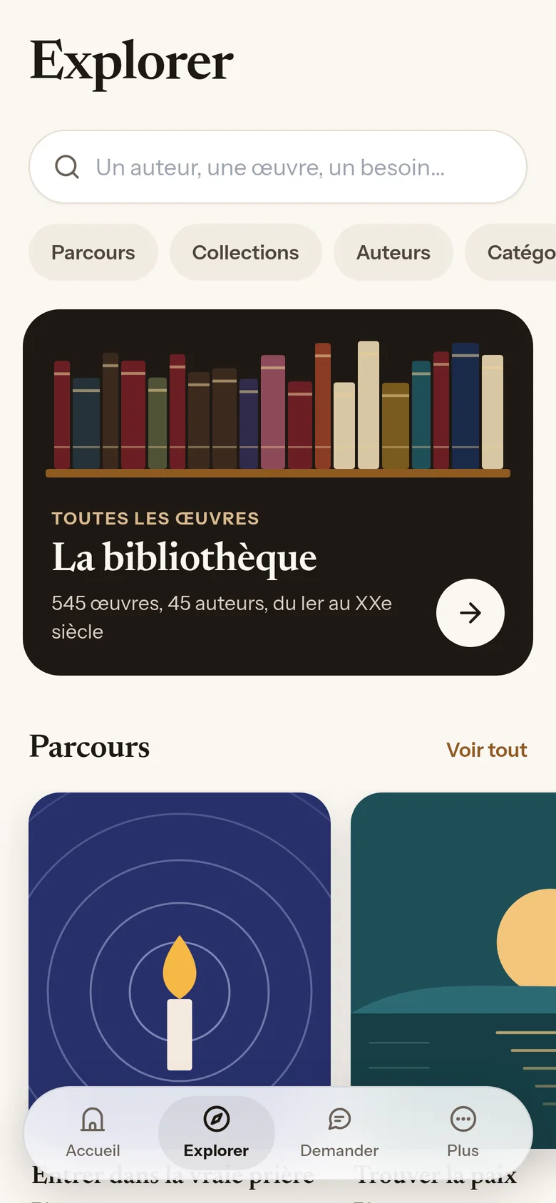La page Explorer de Lectio : la bibliothèque, les parcours et les collections